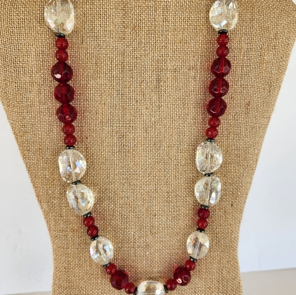 Hand Crafted Necklace Crystal Hematite Glass Beads Clear Red 23" Length - Picture 8 of 8